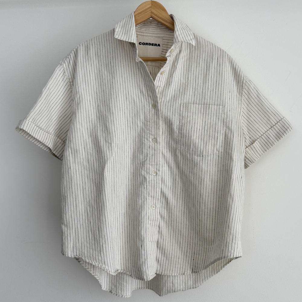 Cordera Shirt Womens One Size Cream Stripe Linen Cotton Short Sleeve Button Up